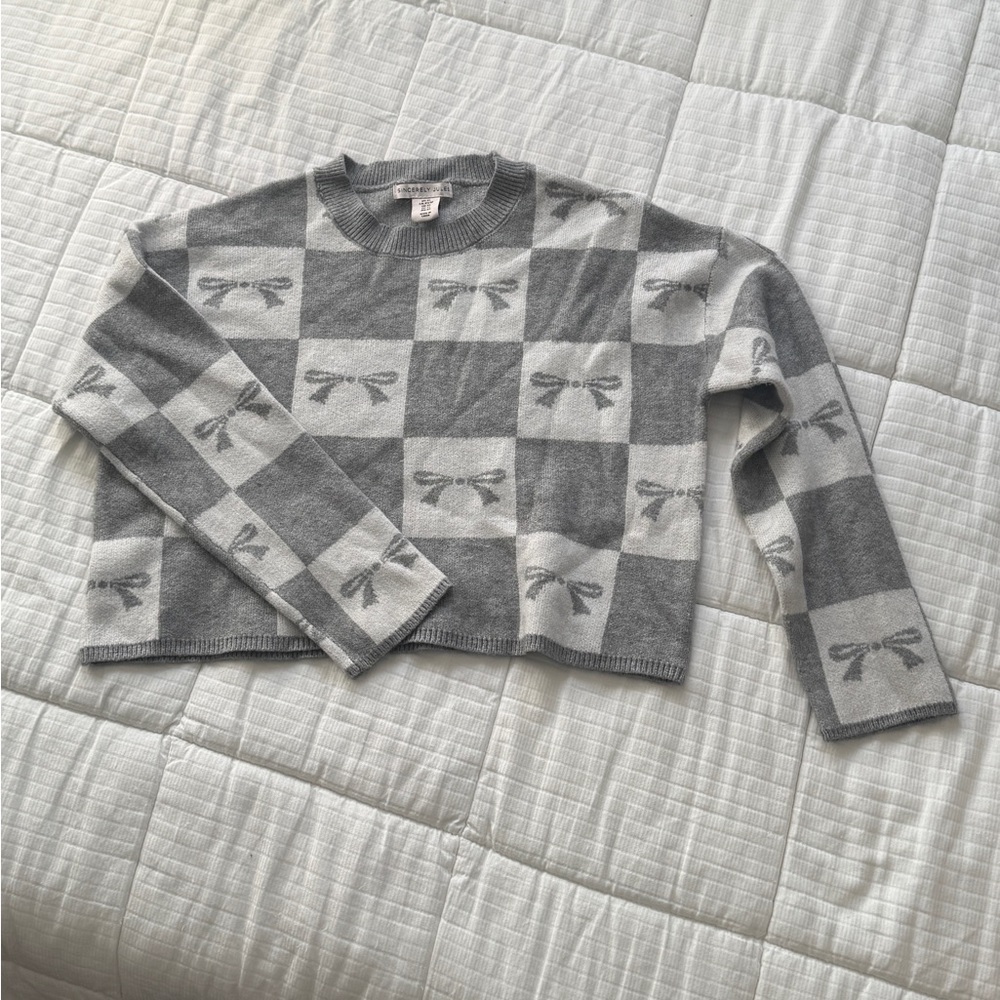 Sincerely Jules cropped grey and white checkered bow sweater, size XS - Picture 3 of 7